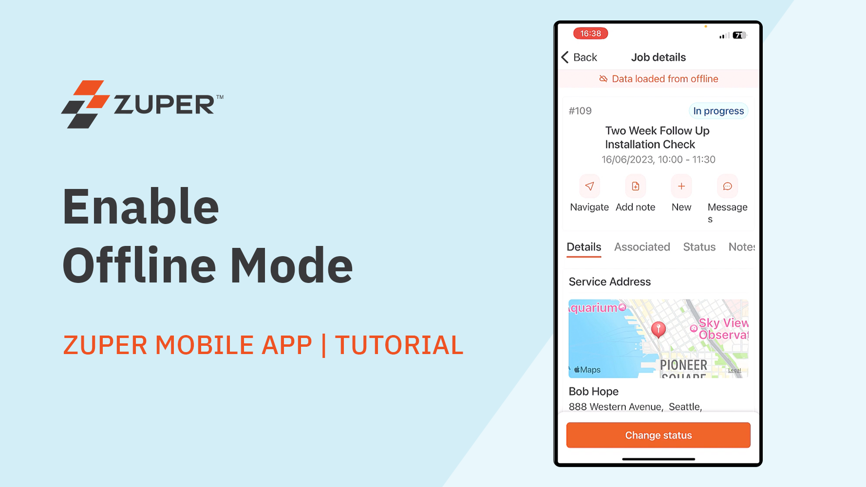 Zuper mobile app displaying job details with offline mode enabled showing service address and status options