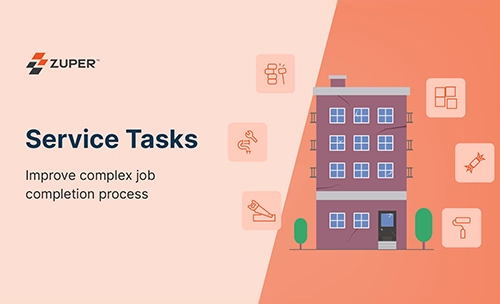 Service task checklist icons around a building showing job steps for complex field service work