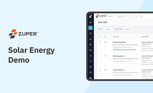 Zuper job management dashboard displaying solar panel installation and site inspection work orders with customer details