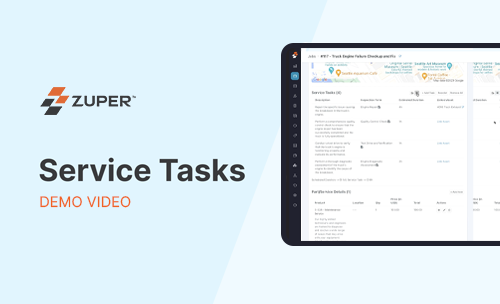 Zuper service tasks dashboard showing job details, technician assignment, and location map for field service scheduling
