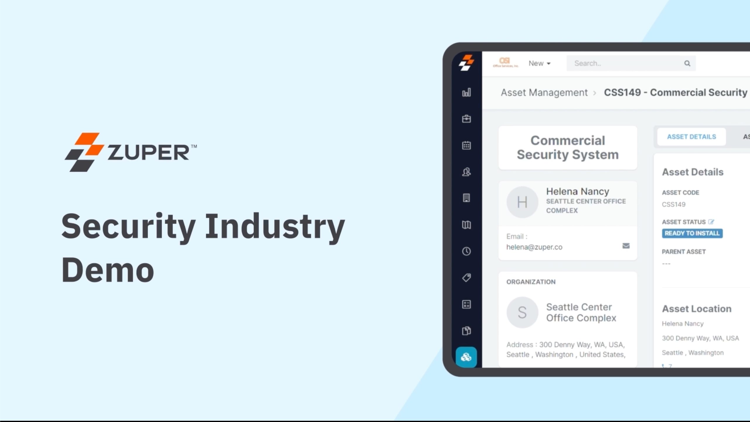Zuper asset management dashboard showing commercial security system details for Seattle Center Office Complex