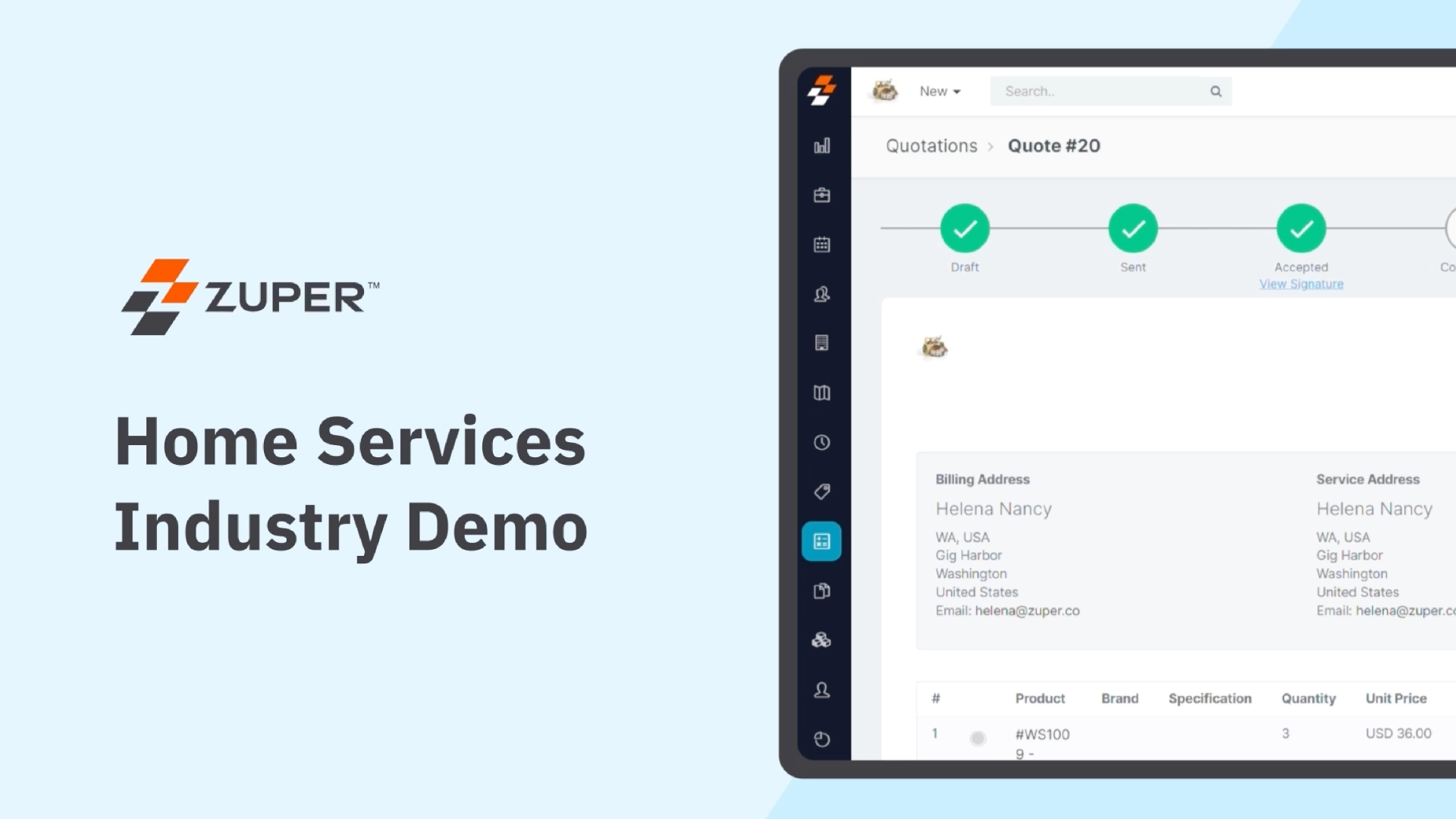 Zuper quotation management screen showing Quote #20 with accepted status, customer billing details, and product line items