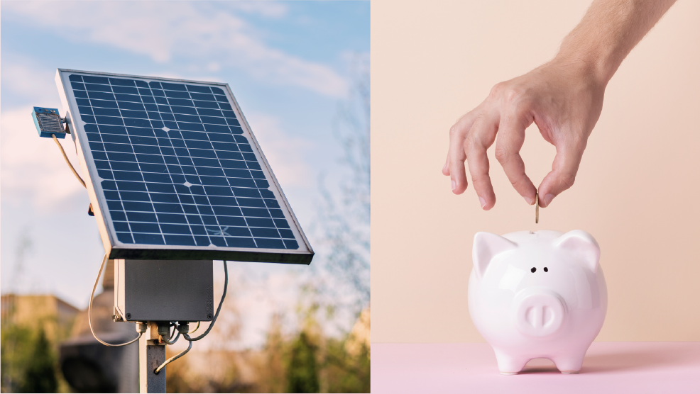 Solar panel mounted on pole against blue sky next to hand depositing coin into piggy bank