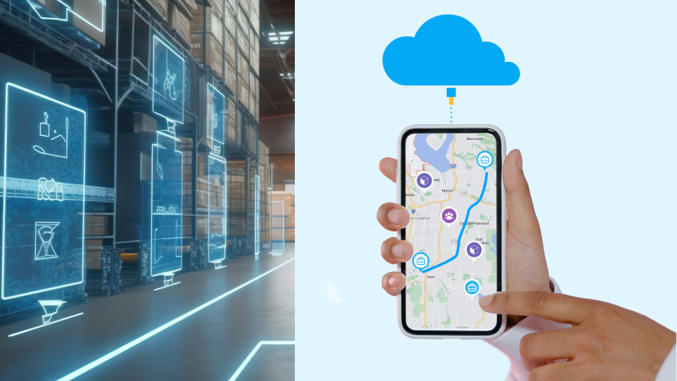 Warehouse with digital inventory displays alongside smartphone showing cloud-connected route optimization map