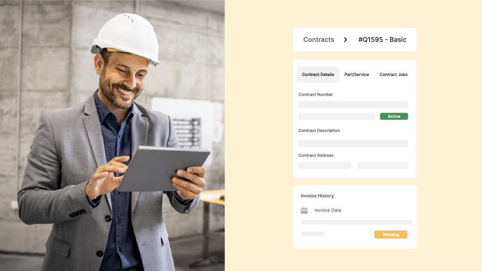 Contractor in hard hat using tablet to view contract details and invoice history in field service software