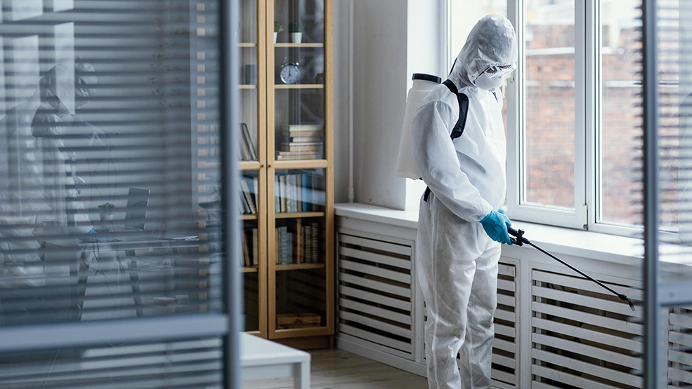 Technician in full protective suit and respirator spraying disinfectant along office windowsill during sanitation service