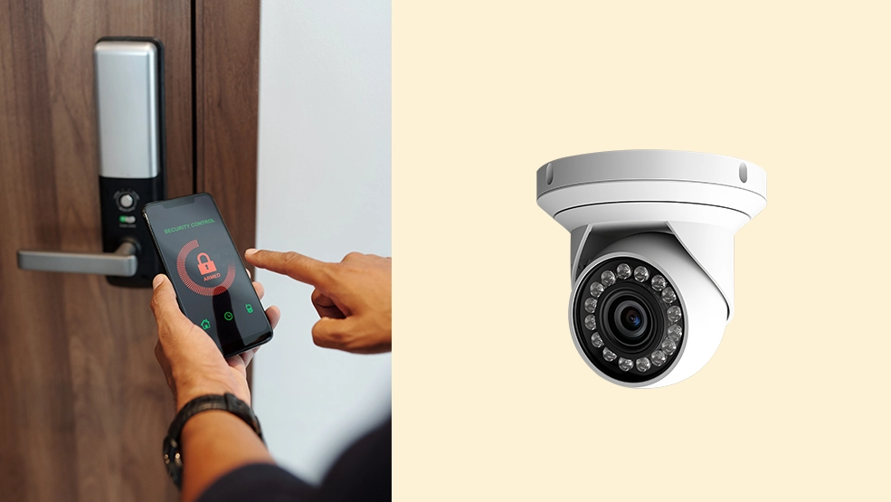 Smartphone app controlling smart door lock beside white dome security camera with infrared LEDs