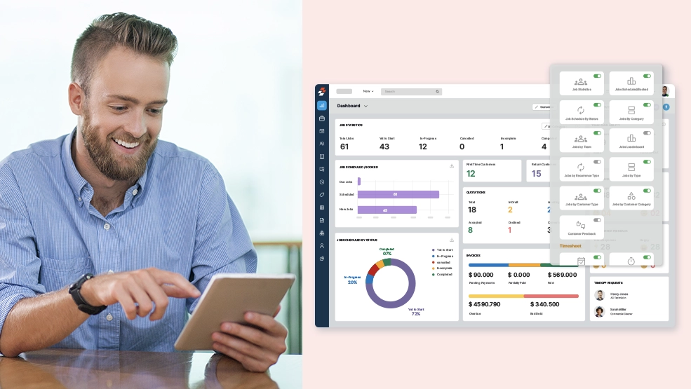 Field service technician using tablet to view Zuper dashboard with job statistics, scheduling, invoices, and timesheet data