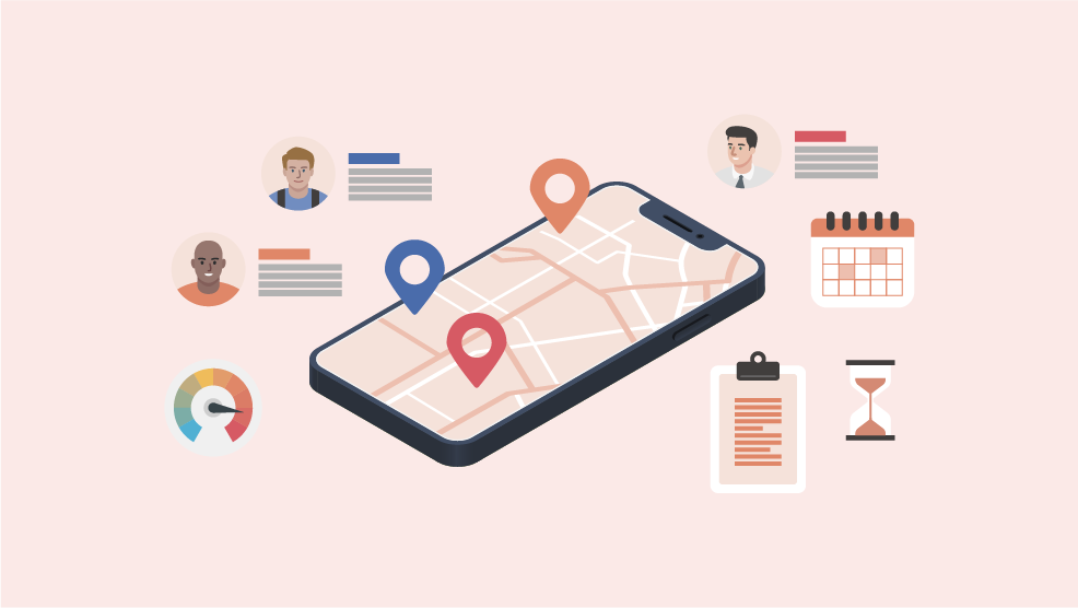 Mobile field service management app with GPS tracking, team assignments, scheduling calendar, and task management tools