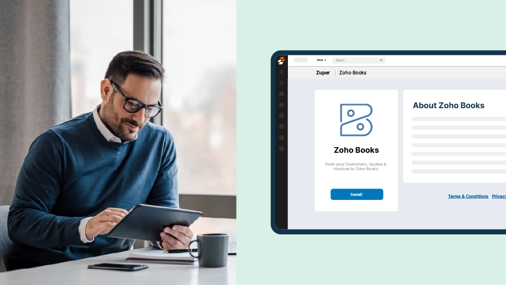 Zuper integration page showing Zoho Books app installation screen for syncing customers, quotes, and invoices