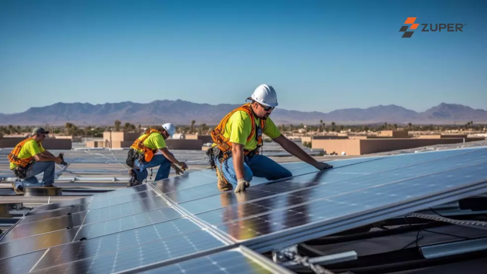 Solar panel installers in safety gear securing panels on a commercial rooftop in a desert climate