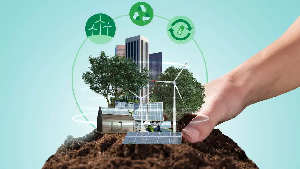 Sustainable city concept with solar panels, wind turbines, and green buildings emerging from soil with recycling icons