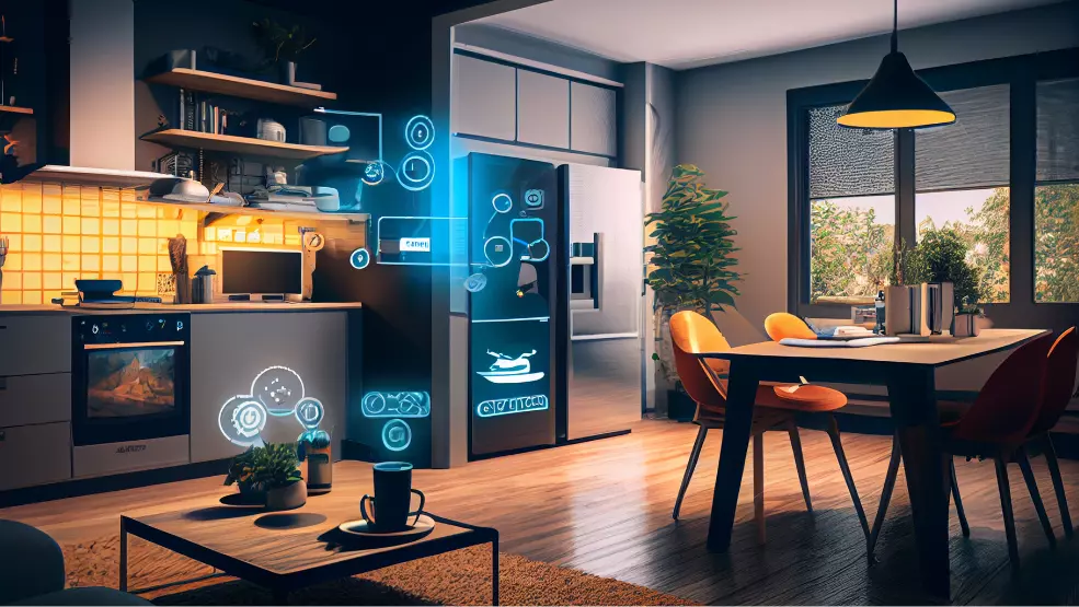 Smart home kitchen with connected appliances displaying digital interface controls for IoT device management