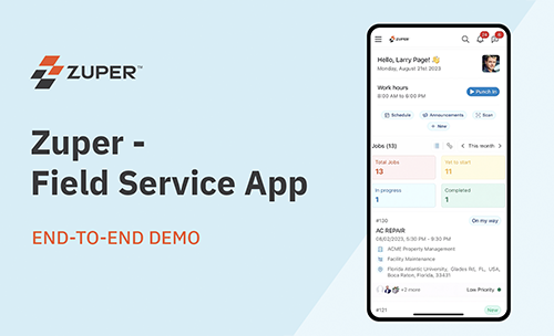 Zuper mobile app showing technician dashboard with work hours, job list, and AC repair appointment details