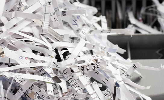 Shredded paper documents with visible text fragments emerging from an office paper shredder