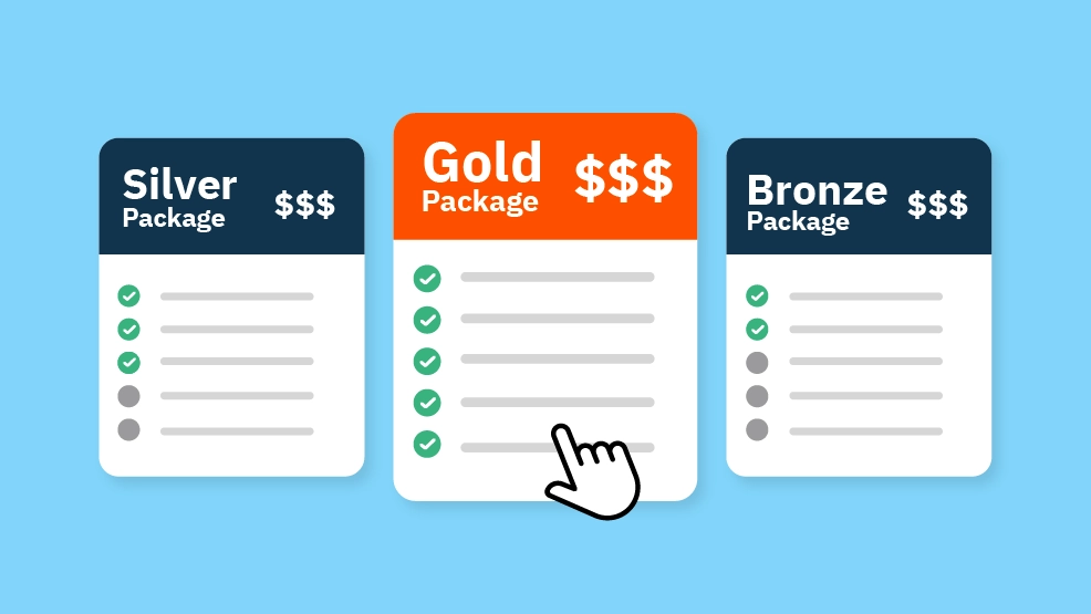 Tiered pricing comparison showing Silver, Gold, and Bronze packages with feature checklists and a cursor selecting Gold