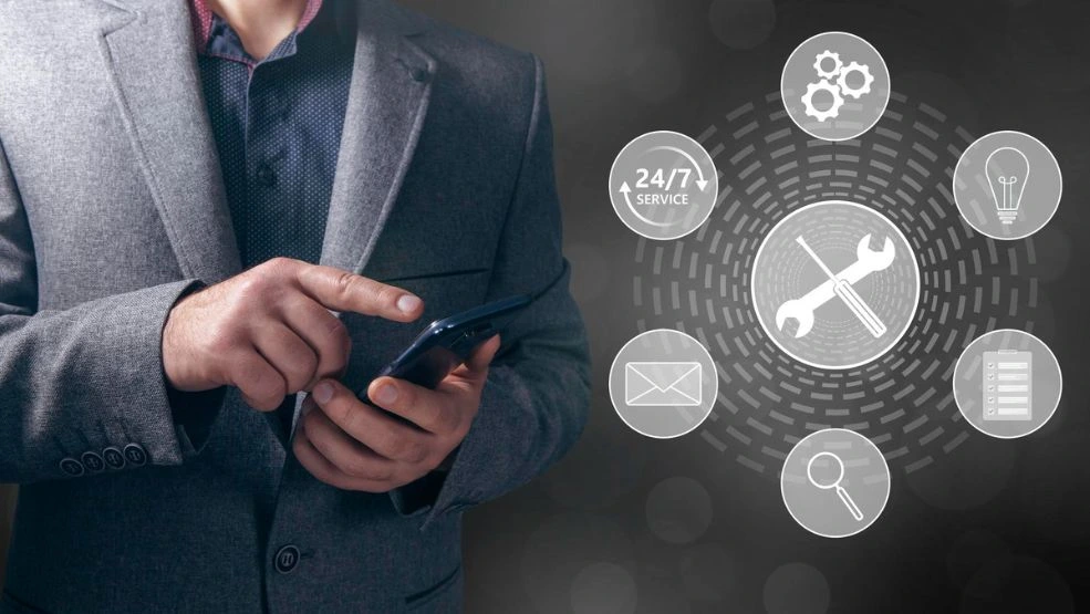 Businessman using smartphone with 24/7 service support icons showing tools, email, checklist, and settings options