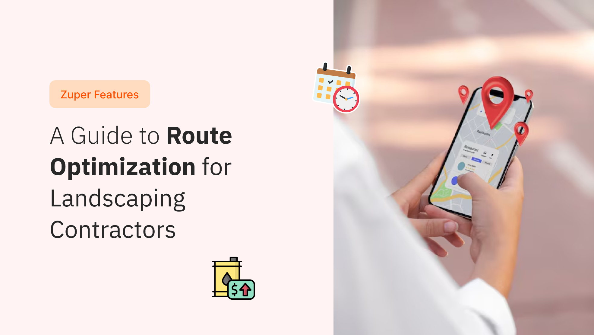 Smartphone displaying map app with location pins for route planning, calendar, clock, and fuel cost icons
