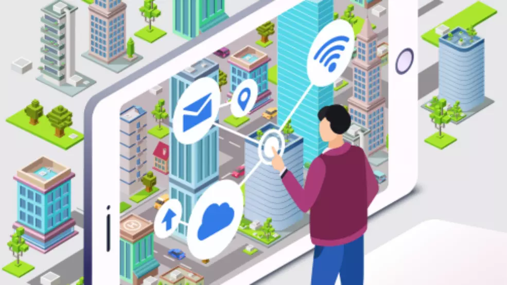 Isometric smart city interface showing connected services including email, location, cloud, and WiFi on a tablet device