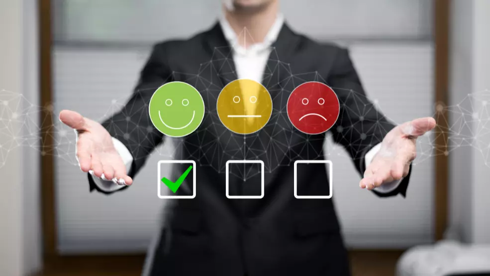 Customer satisfaction rating interface showing positive, neutral, and negative feedback options with positive selected