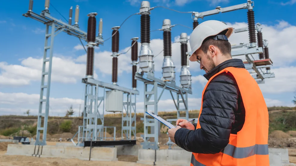 Technician in safety vest and hard hat recording inspection notes at an electrical substation
