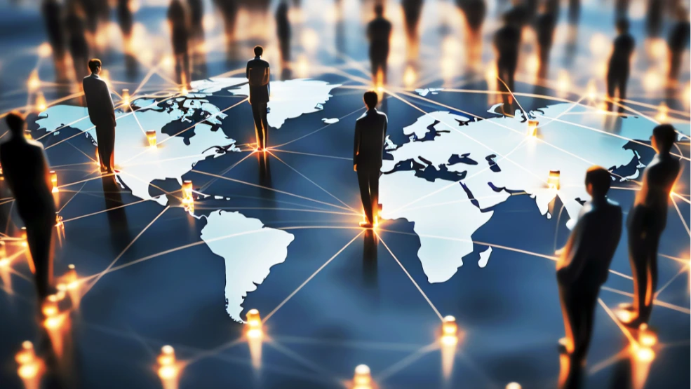 Global network of business professionals connected across world map with illuminated data points