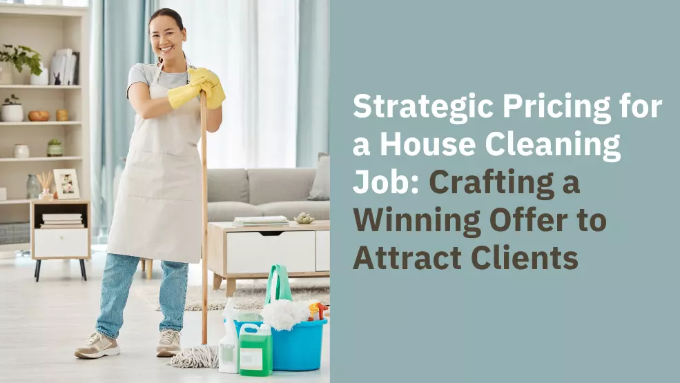 Smiling house cleaner in apron holding mop with cleaning supplies, representing professional residential cleaning services