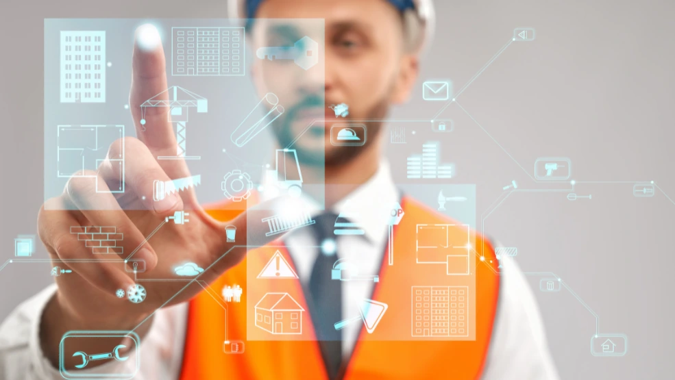 Construction professional in hard hat and safety vest interacting with digital interface showing building, tools, and project management icons