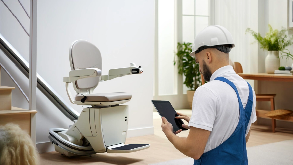 Technician in hard hat using tablet to inspect stairlift installation in residential home