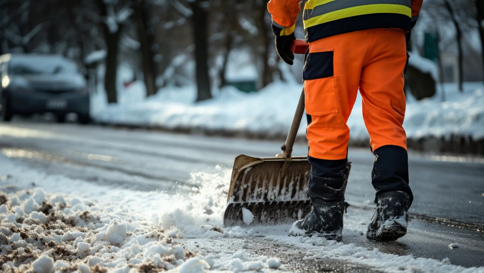Worker in high-visibility orange safety gear shoveling snow from a road with a flat shovel during winter