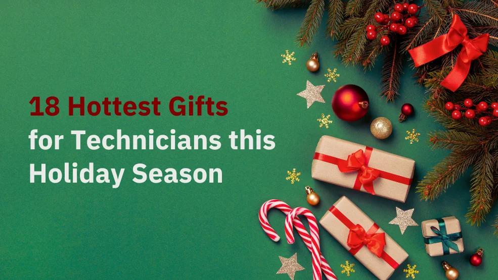 Festive holiday gift guide banner with wrapped presents, candy canes, and evergreen branches for technicians