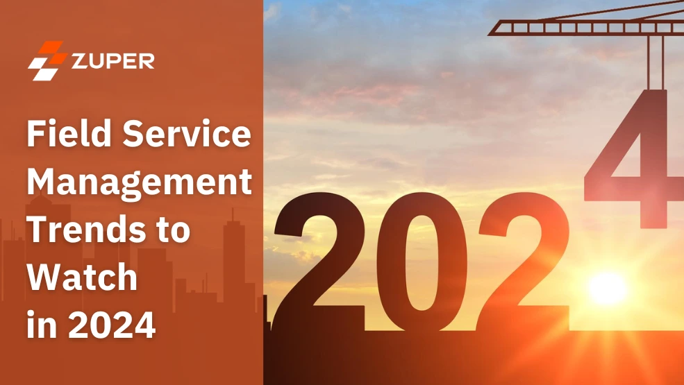 Crane lowering the number 4 to complete 2024 against a sunrise skyline, symbolizing field service management trends ahead