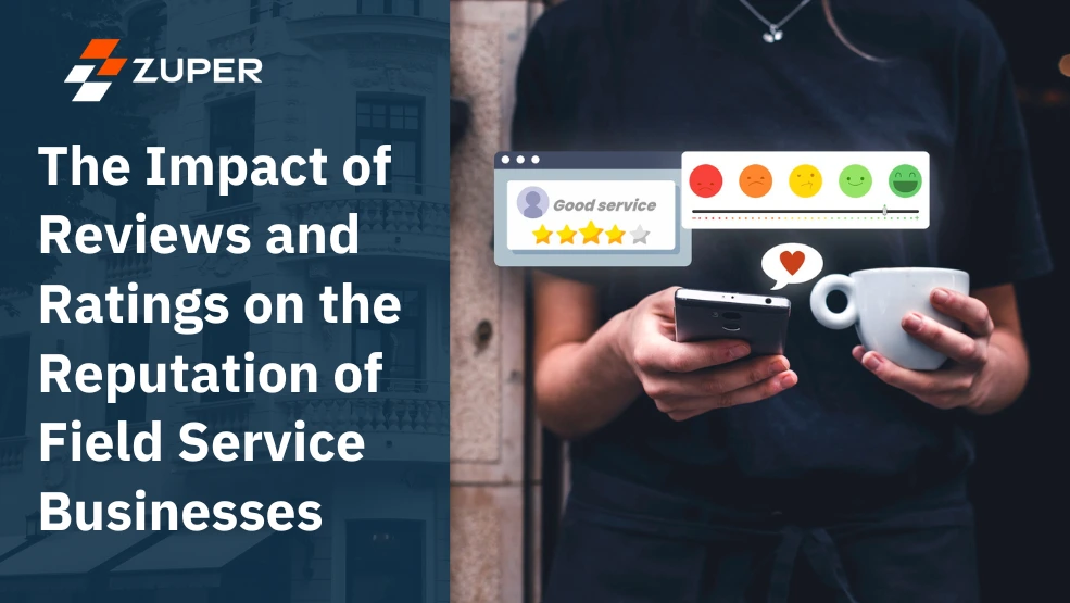 Person holding smartphone displaying 4-star service rating with emoji feedback scale for field service review