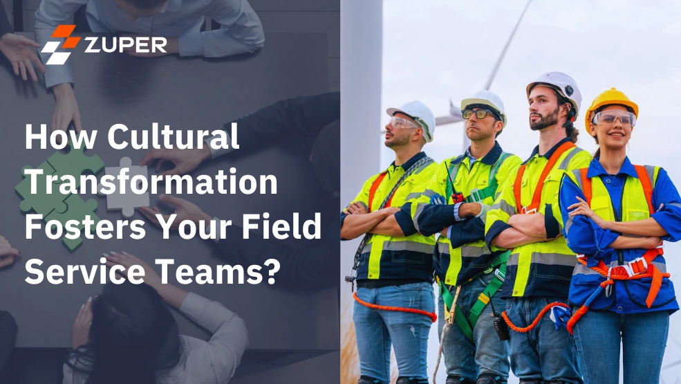 Field service technicians in safety vests and hard hats standing confidently near wind turbines
