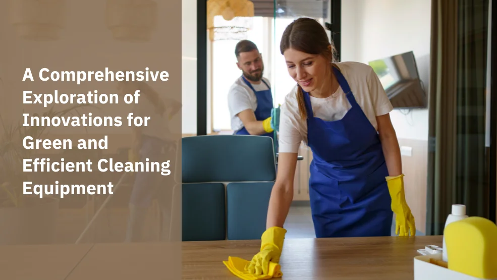Two professional cleaners in blue aprons and yellow gloves wiping down a wooden table in a modern office space.