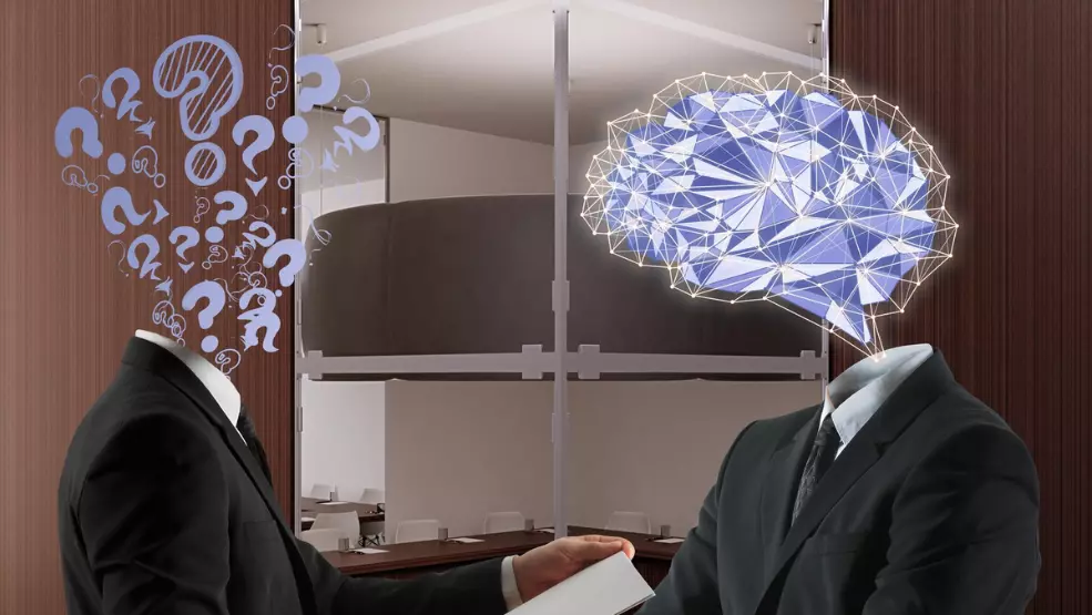 Businessperson with question marks meets figure with digital brain network in conference room handshake