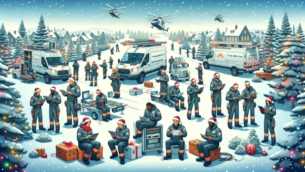 Field service technicians in Santa hats working with tablets and equipment in snowy neighborhood with service vehicles