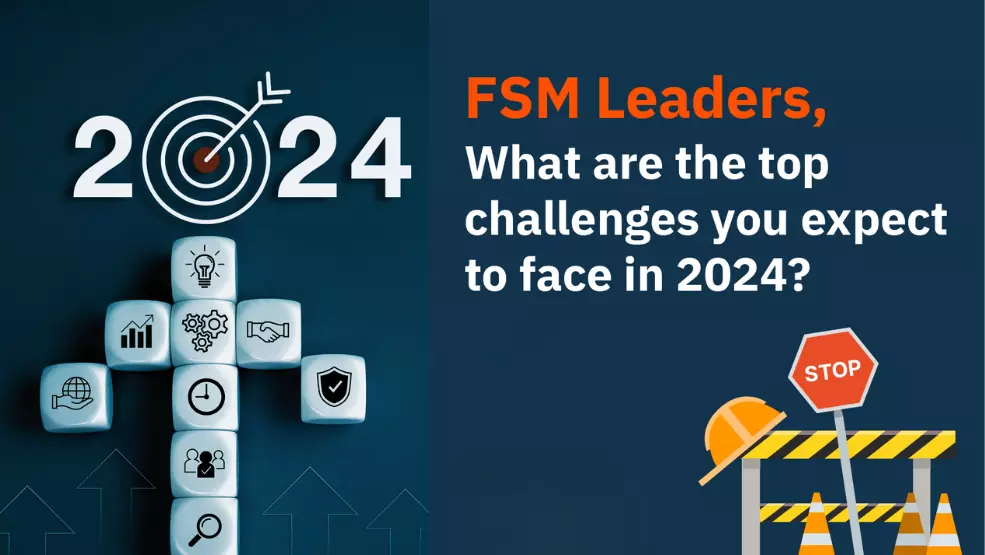 Field service management challenges for 2024 with business icons and construction barriers