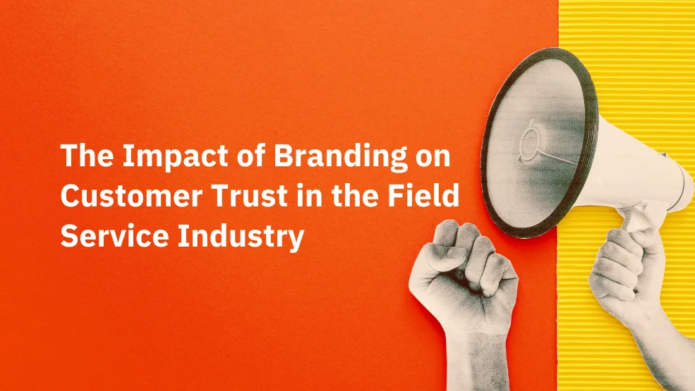 Megaphone held by raised fists symbolizing brand communication and customer engagement in field service
