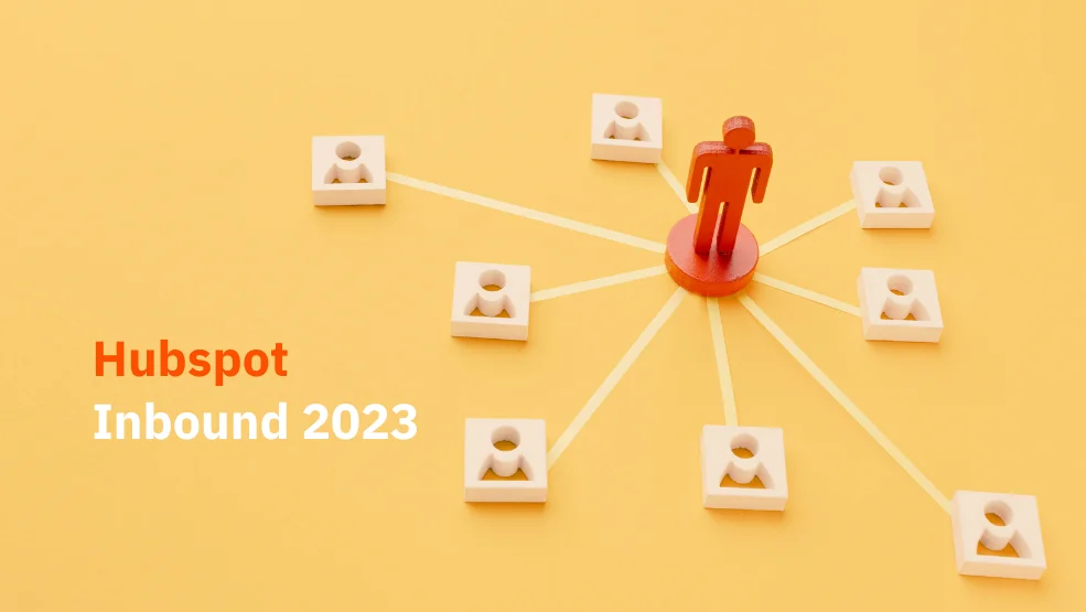 Orange figure connected to eight smaller figures representing HubSpot Inbound 2023 network and customer relationship concept