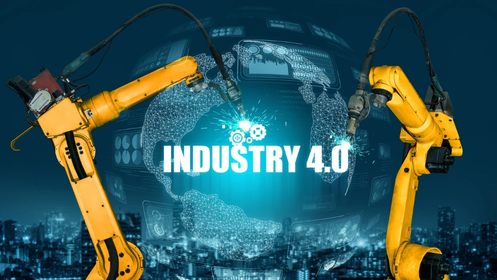 Industrial robotic arms working on a digital globe with connected nodes representing smart manufacturing automation