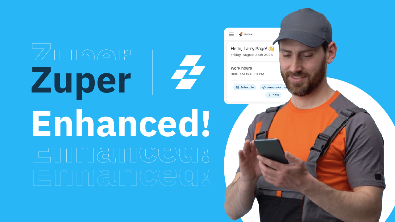 Zuper mobile app showing technician Larry Page's dashboard with work hours and schedule options