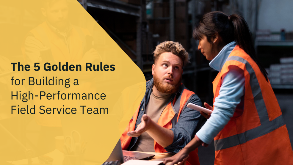 Field service workers in safety vests discussing work tasks while reviewing information on a tablet in a warehouse