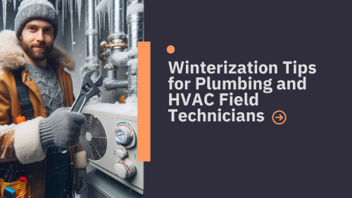 HVAC technician in winter gear holding a wrench next to heating equipment with frozen pipes in background