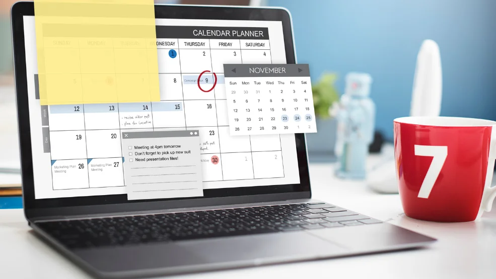 Calendar planner software showing November schedule with sticky note, to-do list, and circled dates for task management