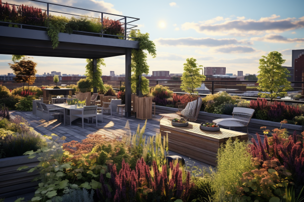 Lush rooftop garden terrace with outdoor seating, colorful plantings, and pergola structure overlooking urban skyline