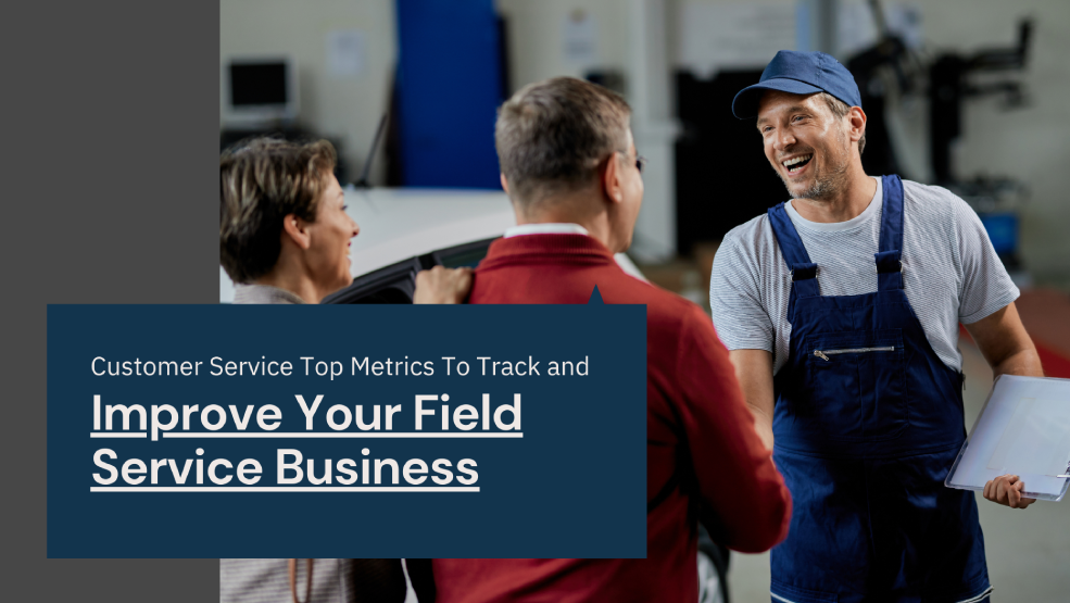 Field service technician in blue overalls shaking hands with satisfied customers at an auto repair shop