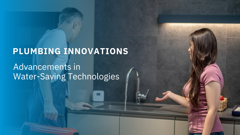 Plumber and homeowner discussing water-saving faucet technology in modern kitchen