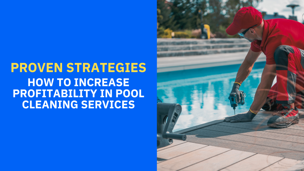 Pool technician using a drill to install deck boards beside a residential swimming pool