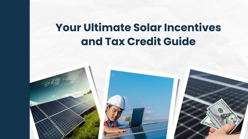 Solar panels, technician working on laptop at job site, and cash representing tax credit savings